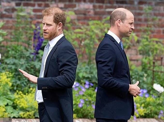 Harry and William turn their backs to each other and chat with guests during the inauguration of the statue of Diana on July 1. Photo: AP.