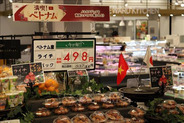 Quầy bày bán vải thiều Việt Nam tại siêu thị AEON (Nhật Bản). Ảnh: TTXVN