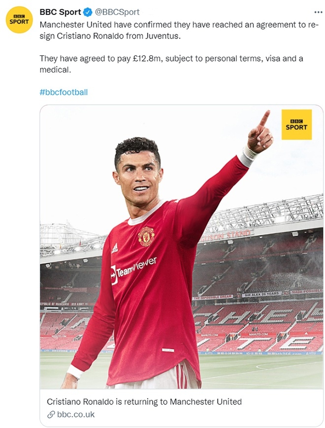 BBC Sport xác nhận Man Utd đạt được thỏa thuận chiêu mộ C.Ronaldo từ Juventus. BCC cũng thêm các chi tiết như phí chuyển nhượng, các điều khoản cá nhân, visa và kiểm tra y tế...