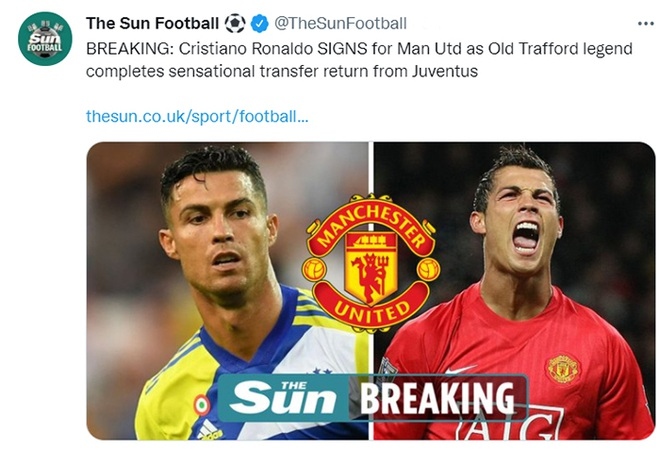 The Sun chạy tin nóng với thông tin C.Ronaldo trở lại khoác áo Man Utd. The Sun dành sự tôn trọng lớn cho ngôi sao người Bồ Đào Nha khi gọi anh là một huyền thoại.