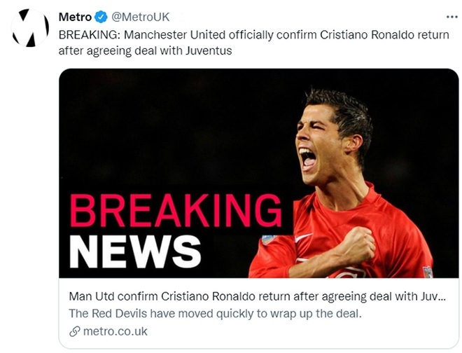 Metro dẫn lại nguồn tin từ trang chủ của Man Utd xác nhận đội bóng thành Manchester ký hợp đồng thành công với C.Ronaldo.