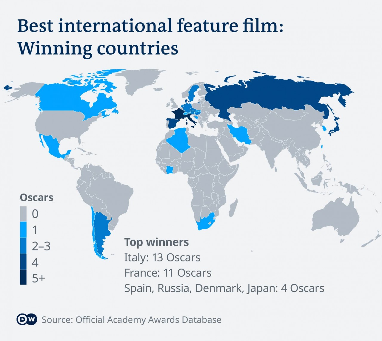 (03.31) Số lượng các nước có phim giành giải thường Oscar hạng mục phim quốc tế. (Nguồn: DW)