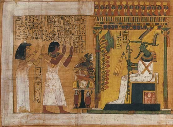 (04.30) Kha và vợ Merit trước Thần chết Osiris ngồi dưới tán cây papyrus ở Thế giới bên kia (Nguồn: UK McClung Museum).