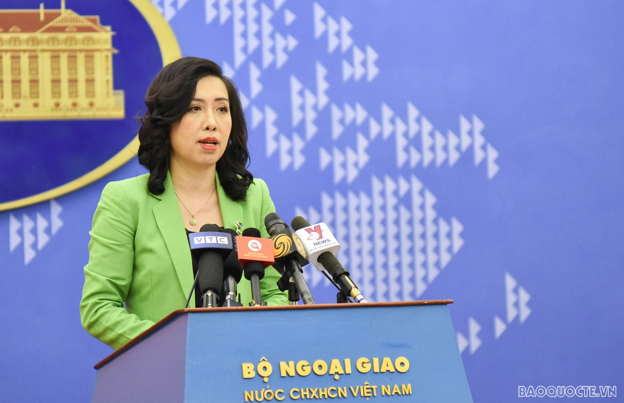 (07.07) Người phát ngôn Bộ Ngoại giao Lê Thị Thu Hằng phát biểu tại họp báo thường kỳ ngày 7/7/2022. (Ảnh: Nguyễn Hồng)