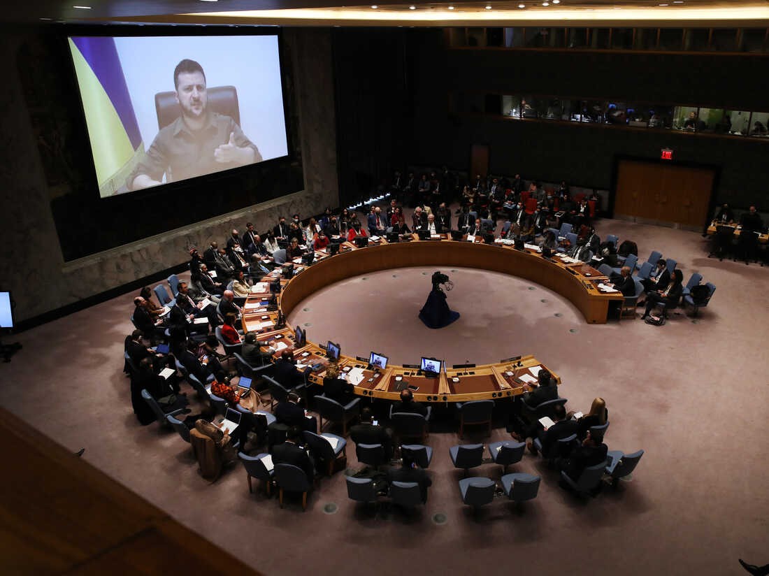 (09.28) Phát biểu của Tổng thống Ukraine Volodymyr Zelensky tại Hội đồng Bảo an Liên hợp quốc ngày 27/9. (Nguồn: Getty Images)