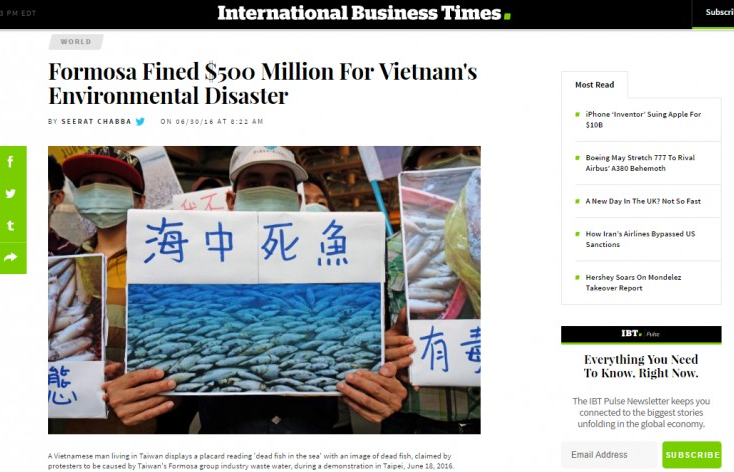 Quốc tế đưa tin Formosa nhận trách nhiệm vụ cá chết