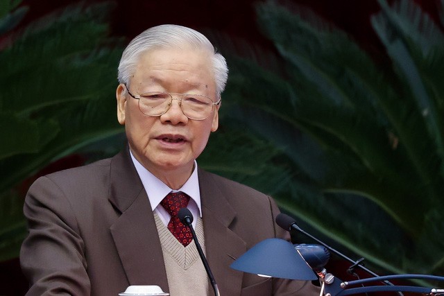 Tổng Bí thư Nguyễn Phú Trọng phát biểu tại cuộc gặp mặt. Ảnh: VGP/Nhật Bắc