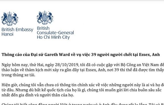 Đại sứ Anh tại Việt Nam Gareth Ward ra thông cáo về vụ 39 người chết trên xe container