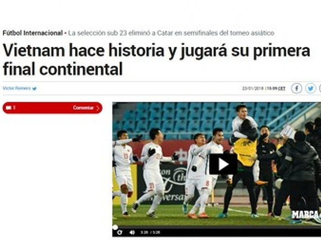 Báo thể thao nổi tiếng Tây Ban Nha đưa tin về kỳ tích của U23 Việt Nam