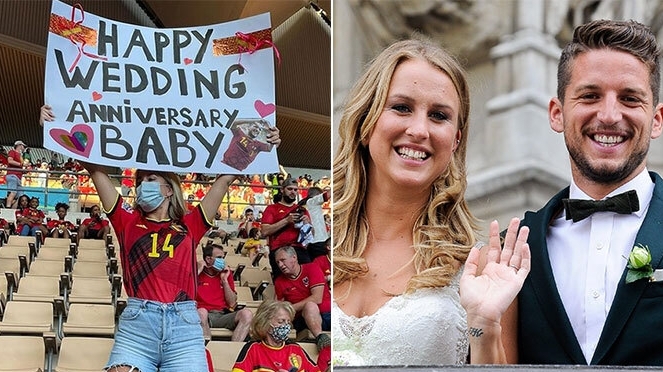 Vợ cầu thủ đội tuyển Bỉ cải trang thành nhà báo phỏng vấn chồng và mừng ngày cưới trên khán đài