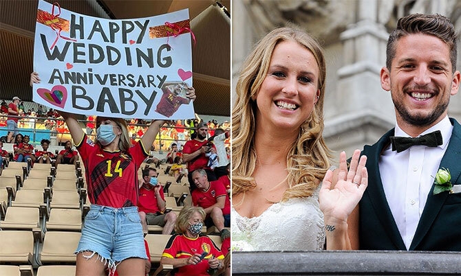 Vợ tuyển thủ Bỉ mừng ngày cưới trên khán đài