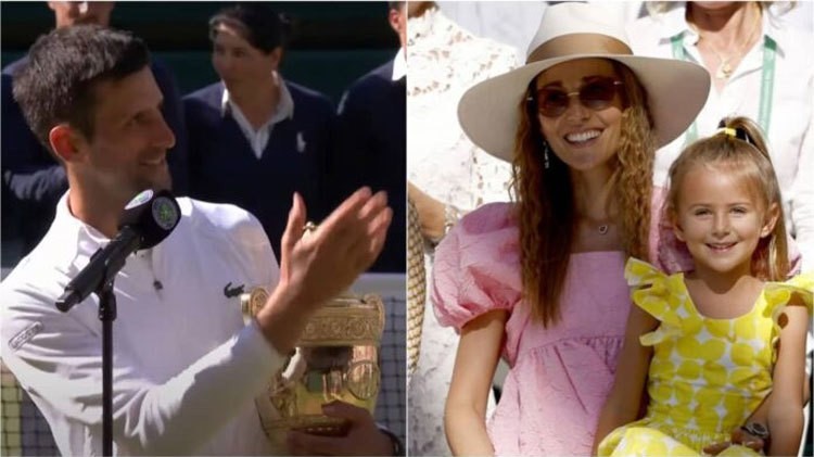 Tân vương Wimbledon sau đó nhìn về phía bà xã Jelena đang đứng cùng con gái Tara và nói: 'Em yêu, chúc mừng ngày kỷ niệm'. Djokovic còn chỉ vào chiếc Cup trên tay nói thêm: 'Đây là quà của anh dành cho em'.