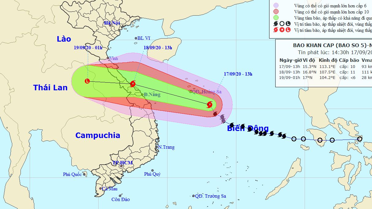 Dự báo thời tiết: Tin bão khẩn cấp (cơn bão số 5), cảnh báo mưa lớn và gió mạnh trên đất liền