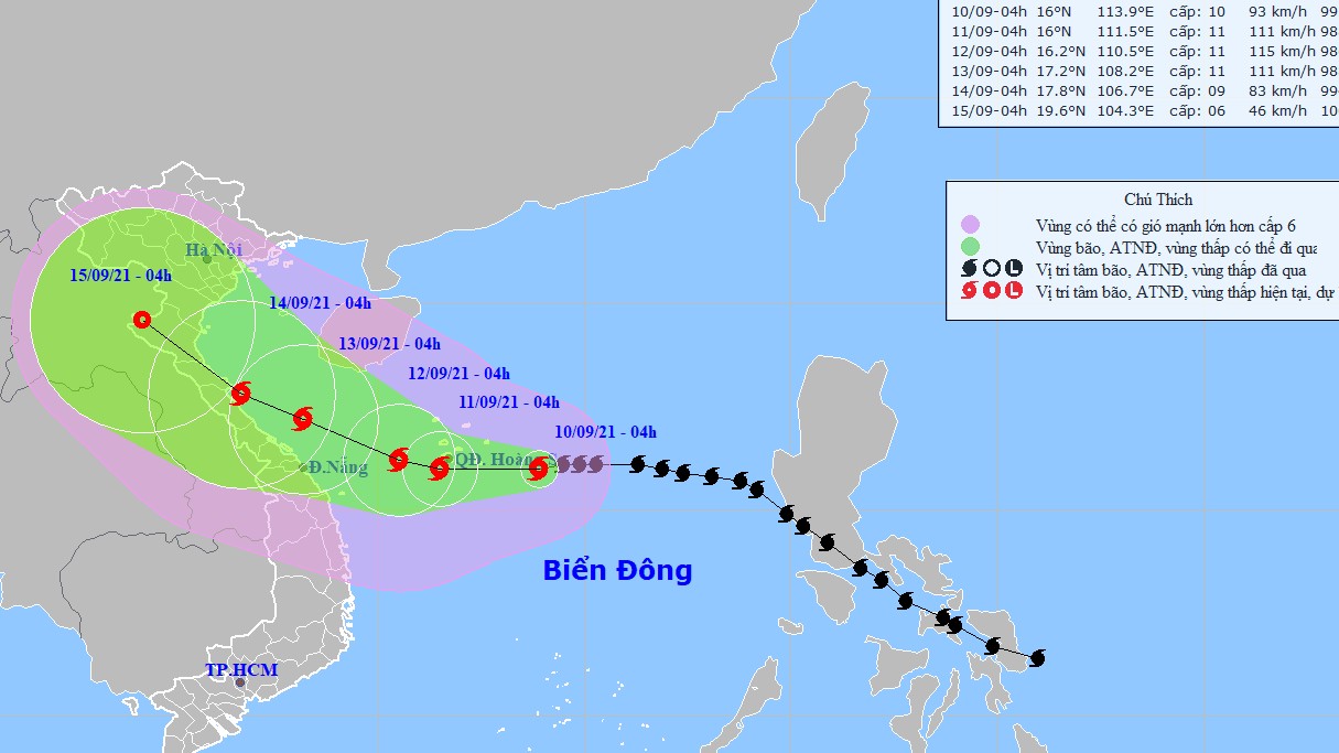 Dự báo, đến khoảng 4h ngày 11/9, vị trí tâm bão số 5 ngay trên khu vực quần đảo Hoàng Sa
