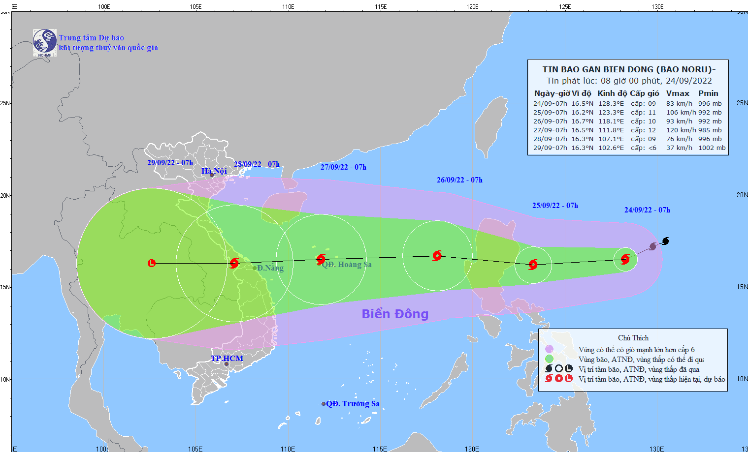 Dự báo, đến 7 giờ ngày 26/9, vị trí tâm bão Noru trên vùng biển phía Đông khu vực Bắc Biển Đông. (Nguồn: nchmf.gov.vn)