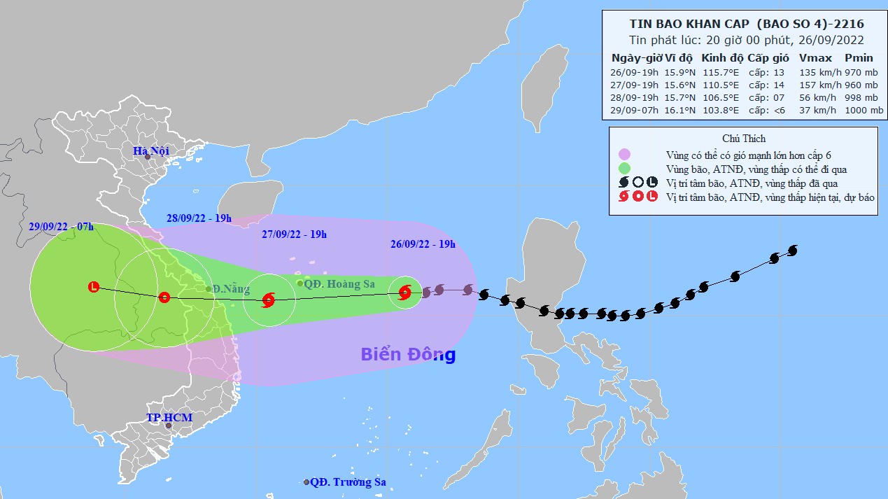Dự báo: Bão số 4 sẽ đi vào đất liền Trung Trung Bộ, gió vùng tâm bão giật cấp 14-15