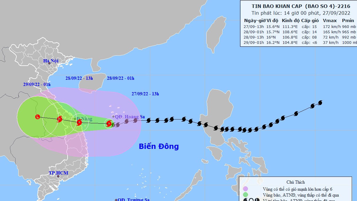 Bão số 4  trên vùng biển Tây Nam quần đảo Hoàng Sa; gió vùng tâm bão mạnh cấp 14-15, giật trên cấp 17