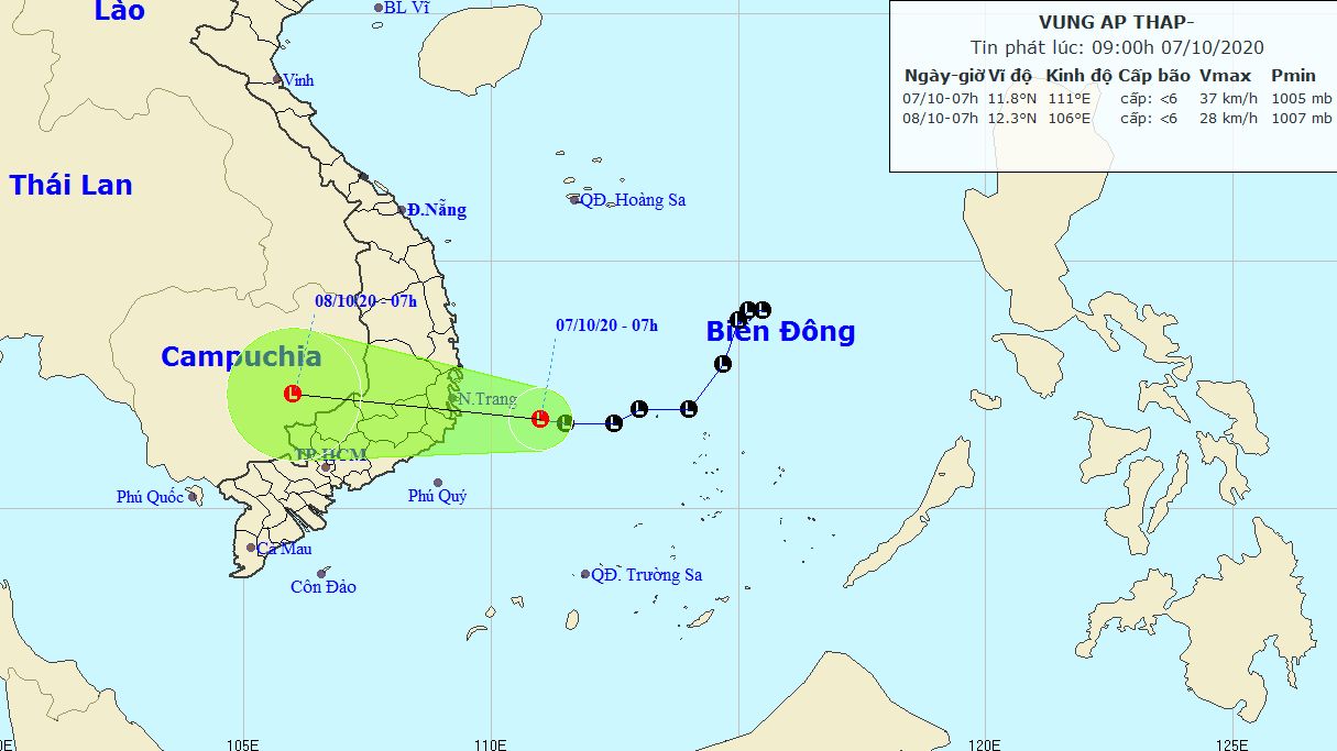 Dự báo thời tiết: Vùng áp thấp đi vào đất liền các tỉnh từ Phú Yên đến Khánh Hòa; cảnh báo mưa lớn