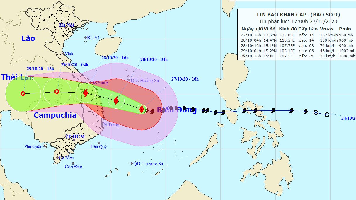 Dự báo thời tiết: Tin bão khẩn cấp cơn bão số 9, khu vực Bắc và giữa Biển Đông rất nguy hiểm, vùng tâm bão đi qua gió giật cấp 17