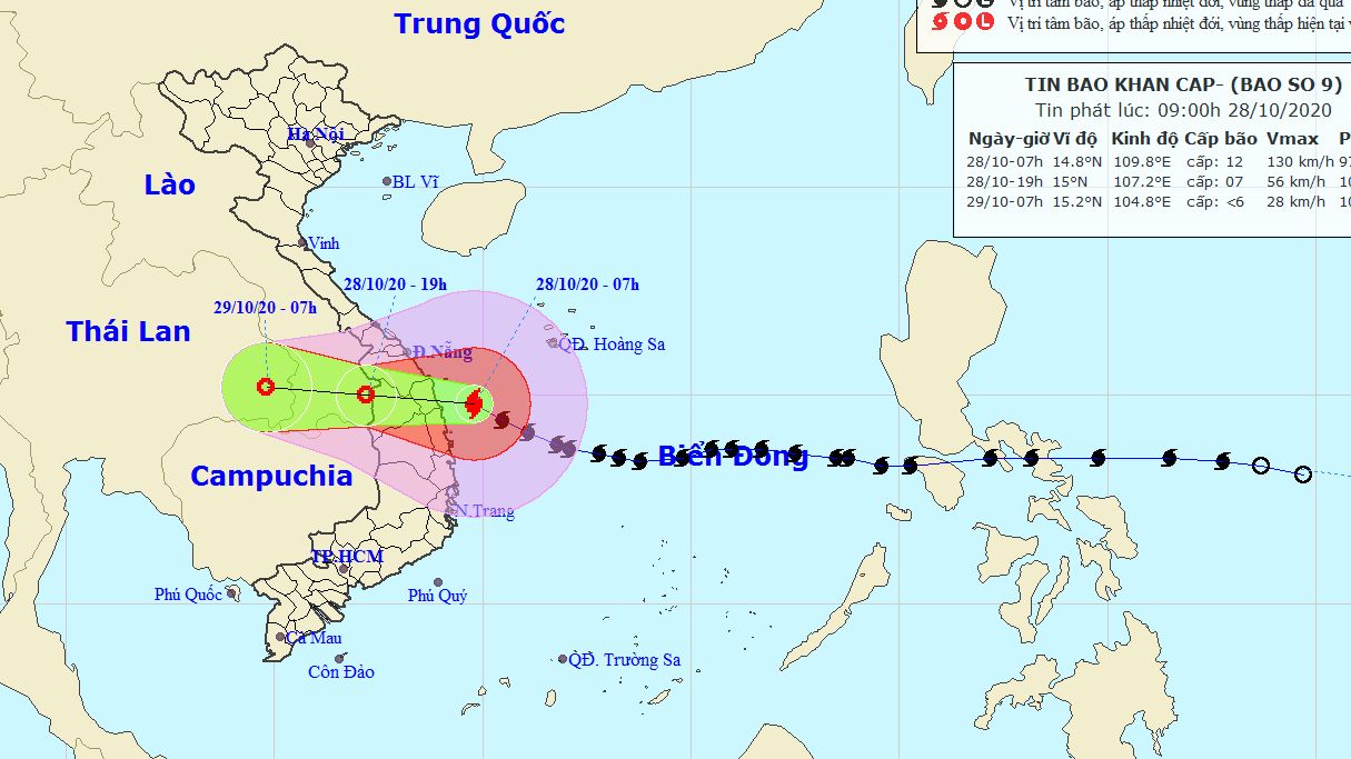Dự báo thời tiết: Bão số 9 sẽ suy yếu dần thành vùng áp thấp; cảnh báo vùng nguy hiểm do bão trên Biển Đông