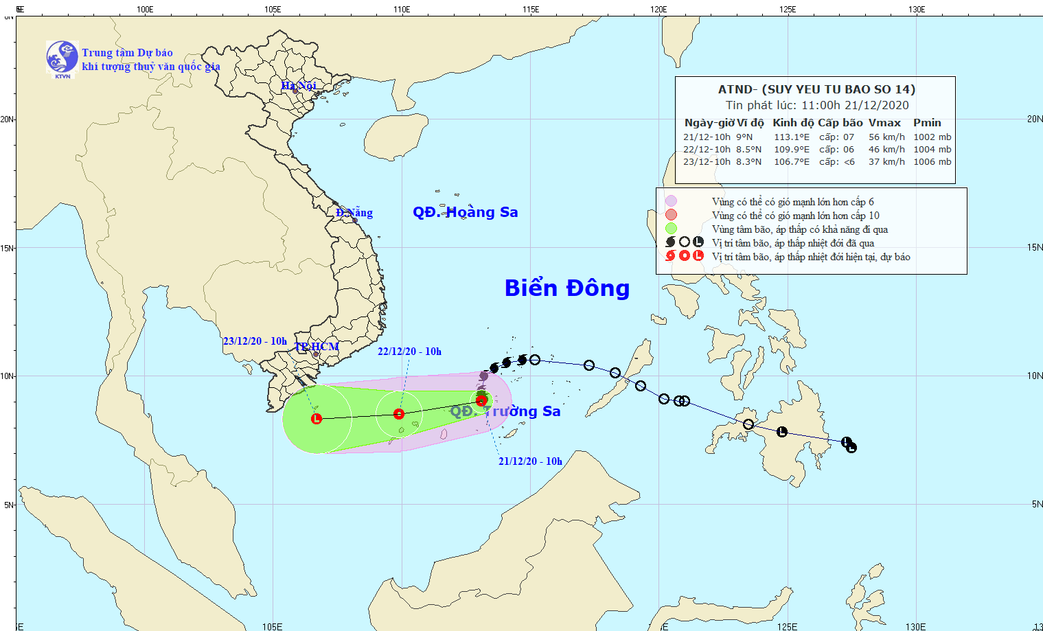 Bão số 14 suy yếu thành áp thấp nhiệt đới trên Biển Đông