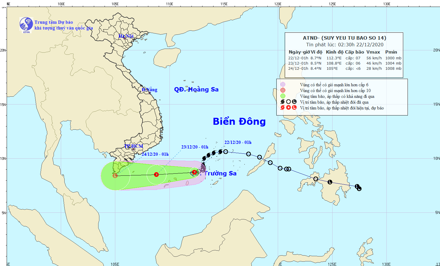 Dự báo trong 24 giờ tới, áp thấp nhiệt đới di chuyển theo hướng Tây, mỗi giờ đi được 15-20km. (Nguồn: nchmf.gov.vn)