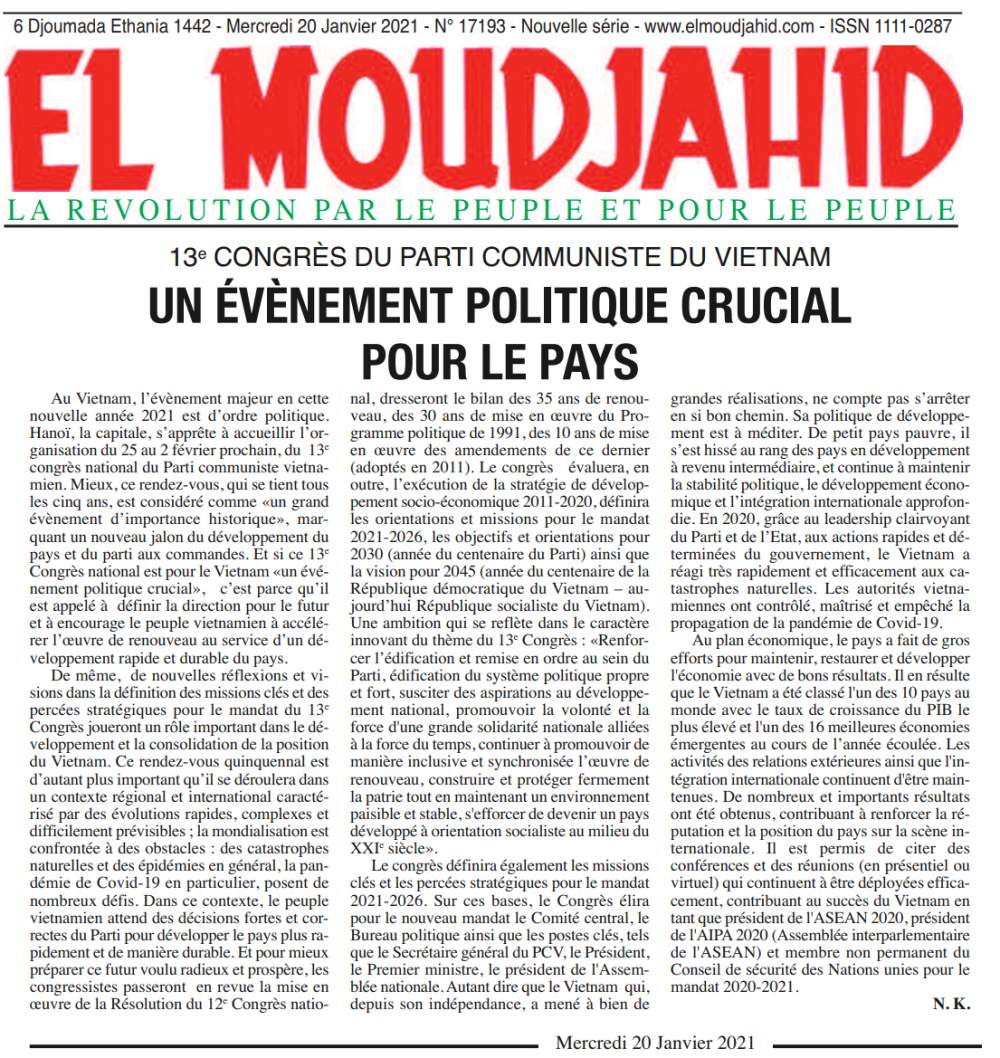 Bài viết về Đại hội XIII của Đảng trên tờ El Moudjahid.