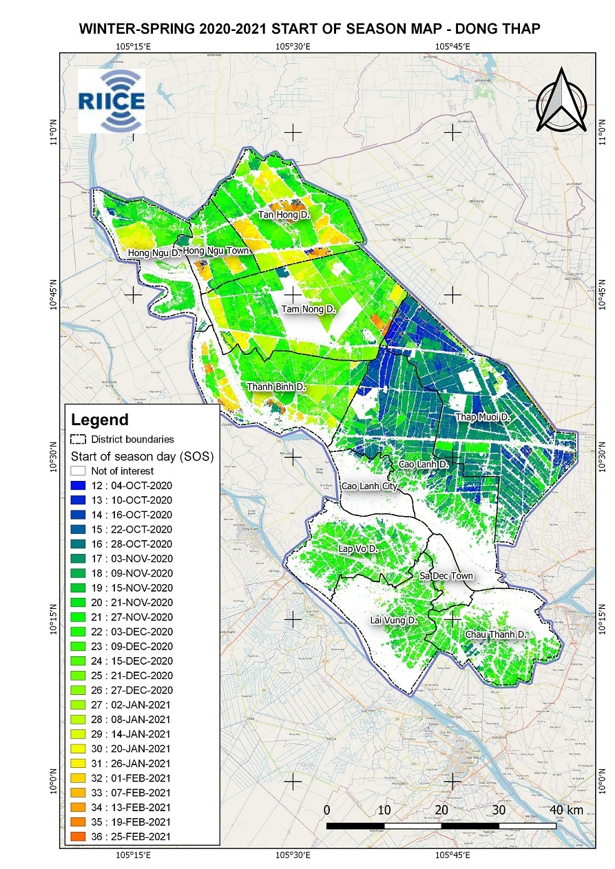 Một bản đồ cảm biến từ xa cho thấy khu vực trồng lúa theo ngày trong vụ đông xuân năm 2021-2021 tại tỉnh Đồng Tháp. Những bản đồ như thế này là công cụ quan trọng để theo dõi và quản lý rủi ro trong sản xuất lúa.