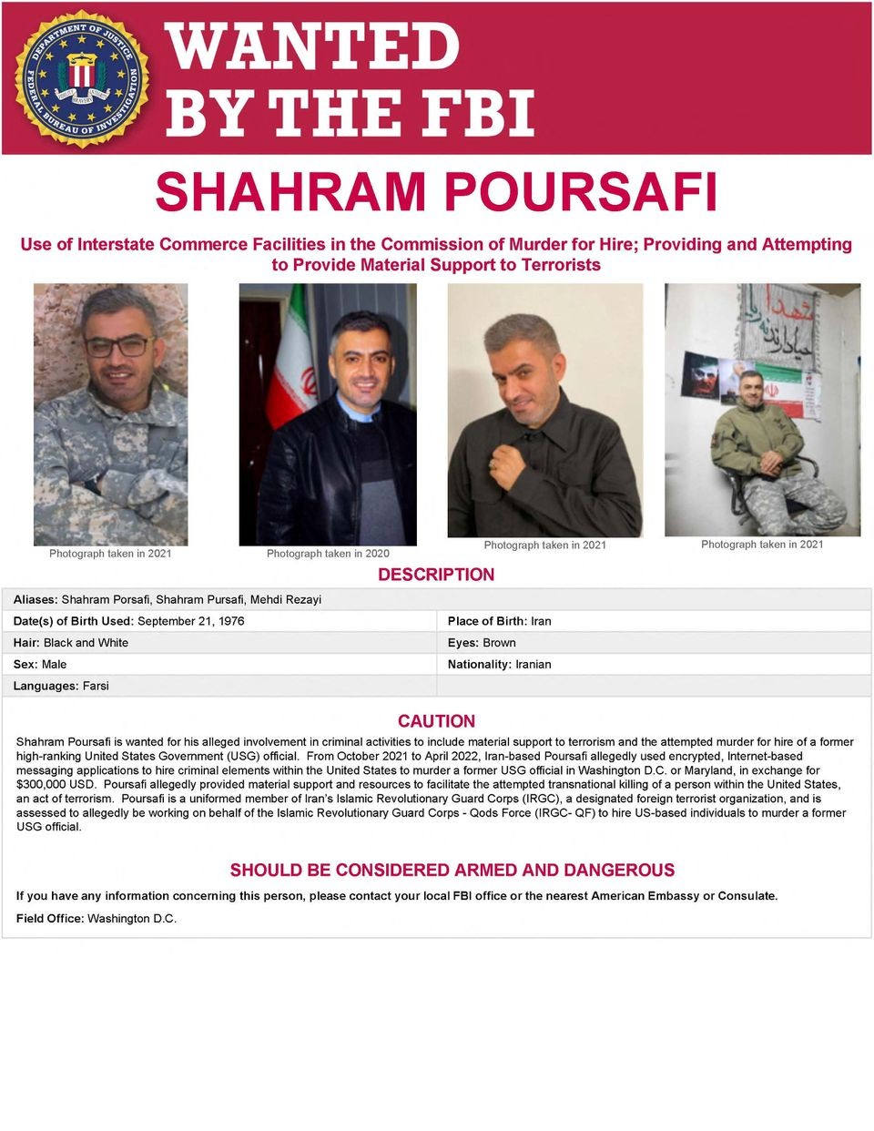 Thông báo truy nã đối tượng người Iran Shahram Poursafi của FBI. (Nguồn: Reuters)