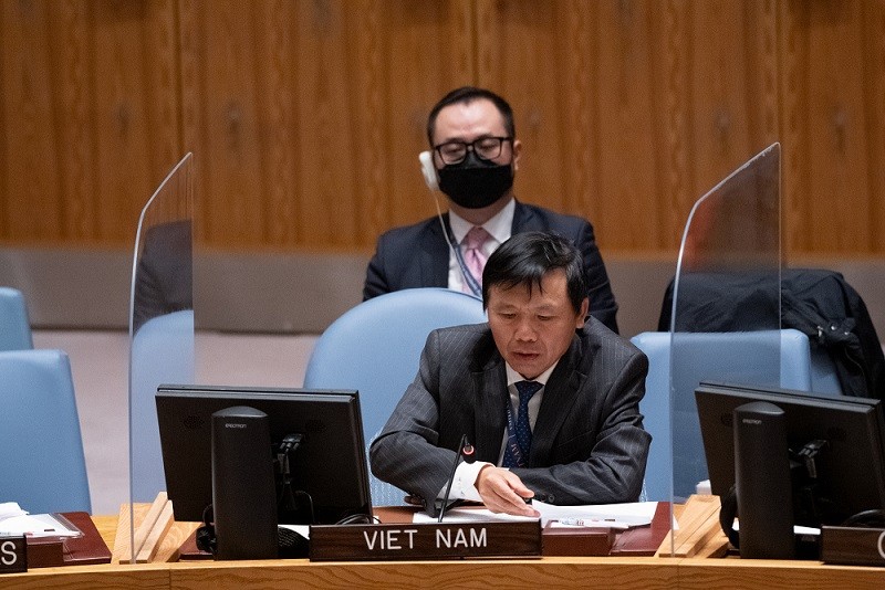 Đại sứ Đặng Đình Quý, Trưởng Phái đoàn đại diện thường trực Việt Nam tại Liên hợp quốc phát biểu tại phiên họp. (Ảnh: Phái đoàn Việt Nam tại LHQ)