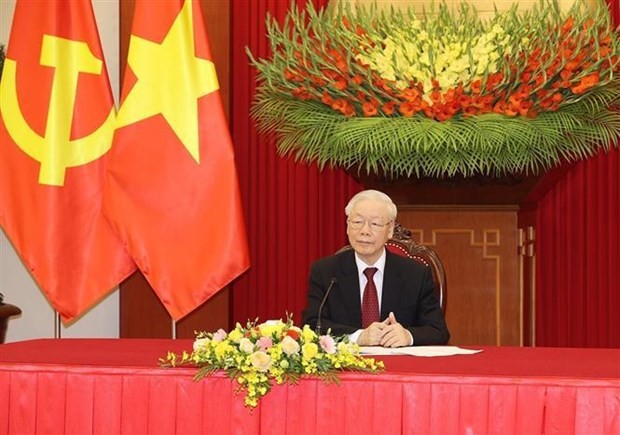 Party General Secretary Nguyen Phu Trong during his phone talks with German Chancellor and leader of the German Social Democratic Party Olaf Scholz. (Photo: VNA)