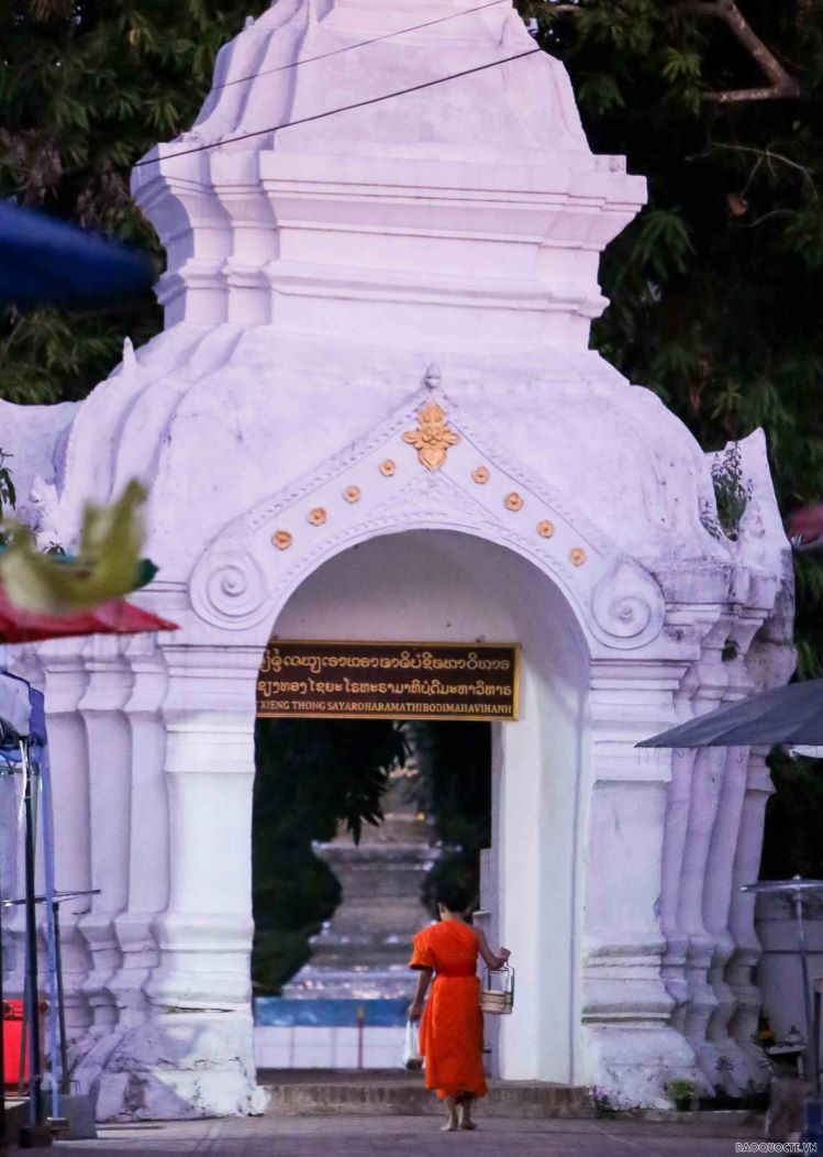 A monk after his alms round returns to Wat Xiengthong. (Photo: Nguyen Hong)