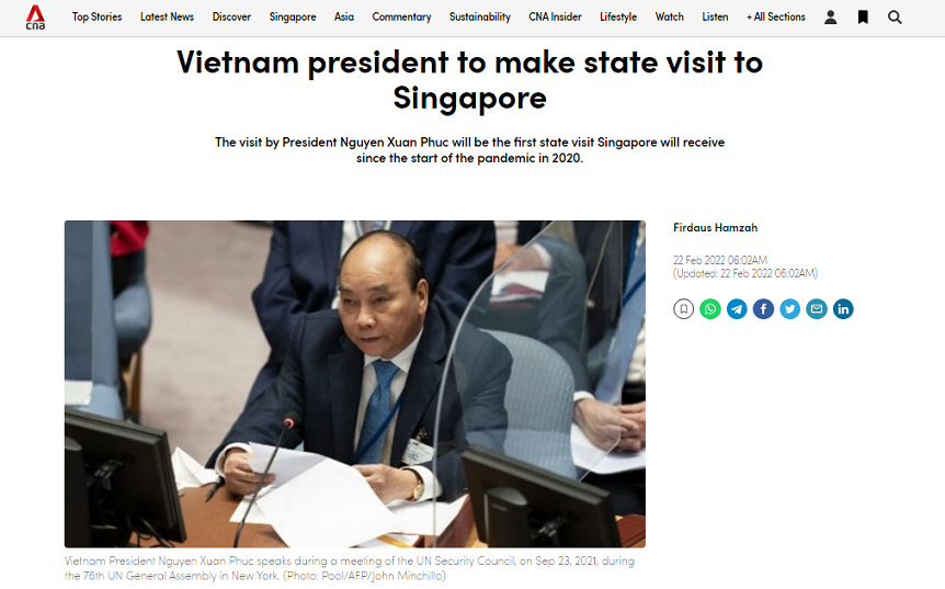 trang Channel News Asia đưa tin về chuyến thăm của Chủ tịch nước Nguyễn Xuân Phúc. (Ảnh chụp màn hình)