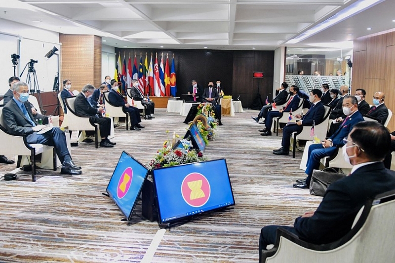 Hội nghị thượng đỉnh ASEAN nhằm giải quyết khủng hoảng Myanmar tại Jakarta, Indonesia, ngày 24/4. (Nguồn: AFP)