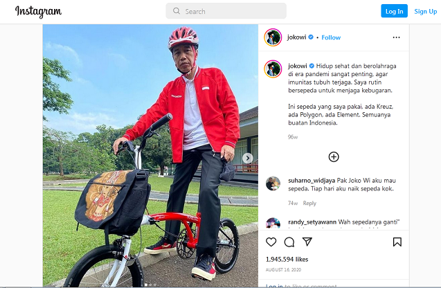 Tổng thống Indonesia thường xuyên chia sẻ hình ảnh đạp xe dung dị, đời thường trên mạng xã hội. (Nguồn: Instagram)