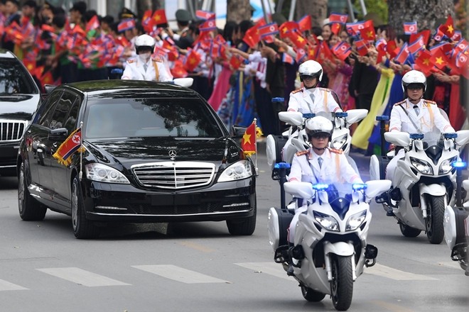 Đội mô-tô hộ tống làm nhiệm vụ hộ tống Chủ tịch Triều Tiên Kim Jong-un dự Hội nghị Thượng đỉnh Mỹ - Triều tại Hà Nội năm 2019. (Nguồn: CAND)
