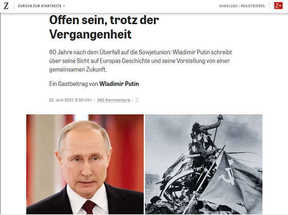 Bài báo của Tổng thống Nga Vladimir Putin nhân kỷ niệm 80 năm ngày phát-xít Đức phát động tấn công Liên Xô trên tờ Die Zeit.