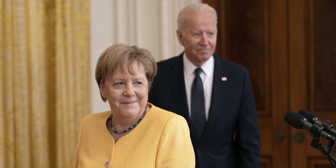 Tổng thống Mỹ Joe Biden và Thủ tướng Đức Angela Merkel trong buổi họp báo ngày 15/7. (Nguồn: AFP)