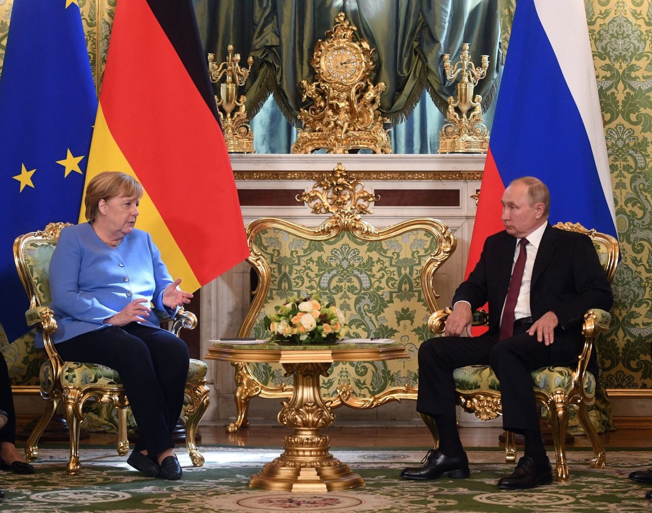 Thủ tướng Đức Angela Merkel và Tổng thống Nga Vladimir Putin trong cuộc gặp ở Moscow vào ngày 20/8. (Nguồn: AFP)