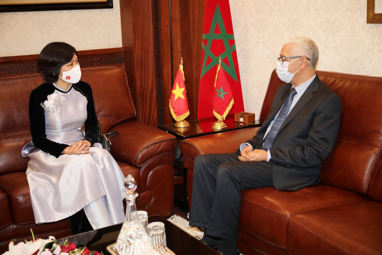 Đại sứ Việt Nam tại Morocco Đặng Thị Thu Hà chào xã giao Chủ tịch Hạ viện Morocco Rachid Talbi Alami.
