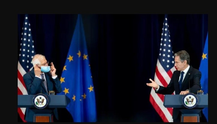 Ngoại trưởng Mỹ Blinken (phải) và Đại diện cấp cao phụ trách an ninh và đối ngoại EU Josep Borrell trong cuộc họp báo tại Washington, ngày 7/2. (Nguồn: Getty)