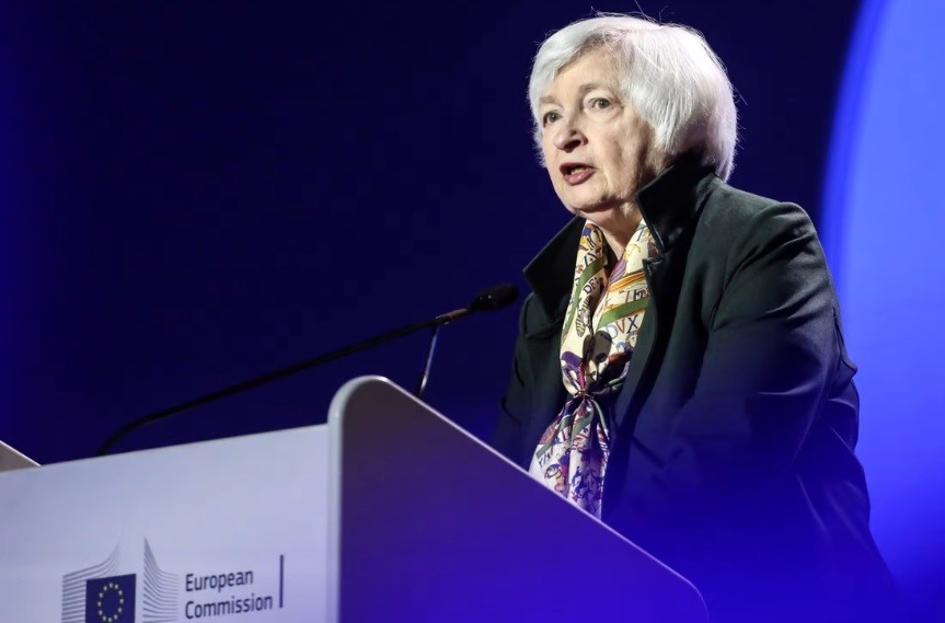 Xung đột Nga-Ukraine - 'Hồi chuông cảnh tỉnh' để phương Tây thoát năng lượng Nga và mở rộng ‘kết bạn’. Bộ trưởng tài chính Mỹ Janet Yellen phát biểu tại Diễn đàn Kinh tế Brussels,  Bỉ, ngày 17/5. (Nguồn: Bloomberg)
