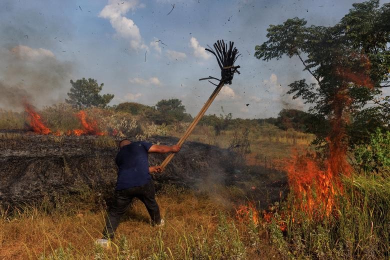Người dân cố gắng dập lửa bằng chổi trong trận hạn hán ở làng Xinyao, thành phố Nam Xương, tỉnh Giang Tây, Trung Quốc, ngày 25/8. (Nguồn: Reuters)
