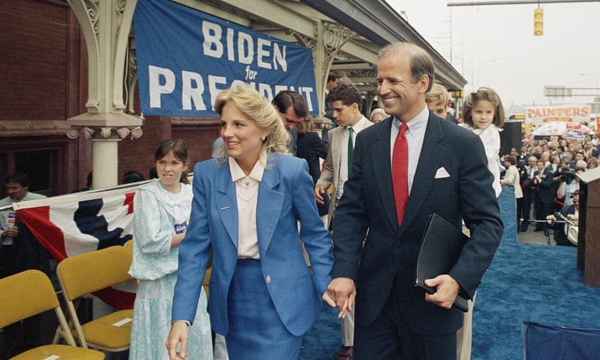 Joe Biden walks with his wife, Jill, after announcing his candidacy for president 9 June 1987 in Wilmington, Delaware. Photograph: George Widman/AP