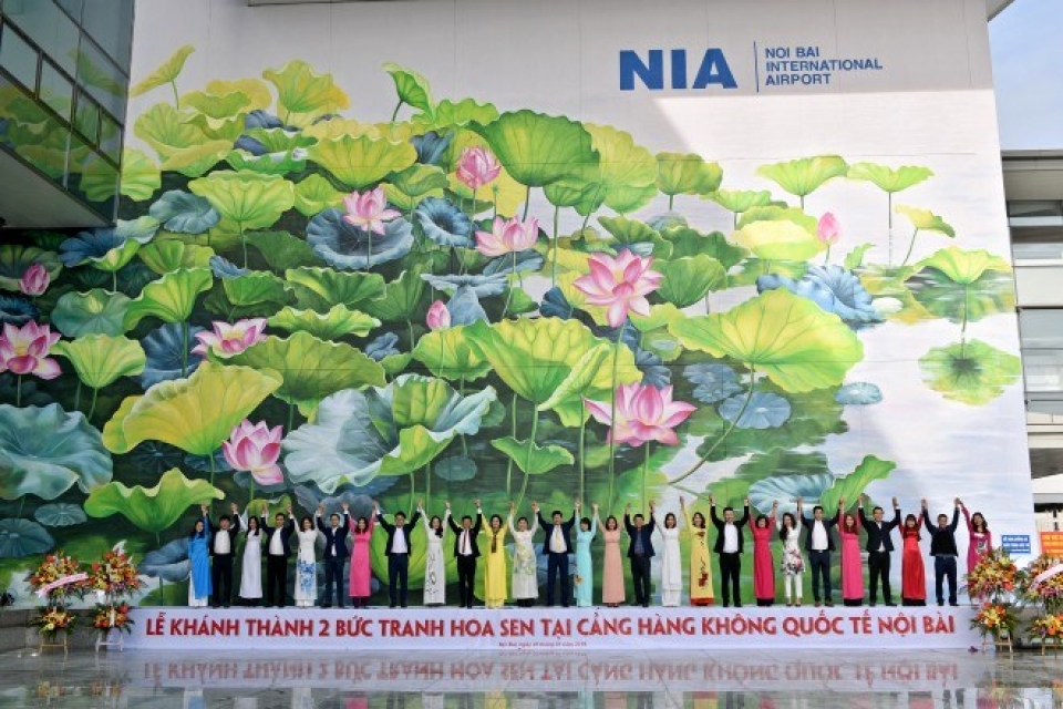 mural paintings on lotus at noi bai international airport inaugurated