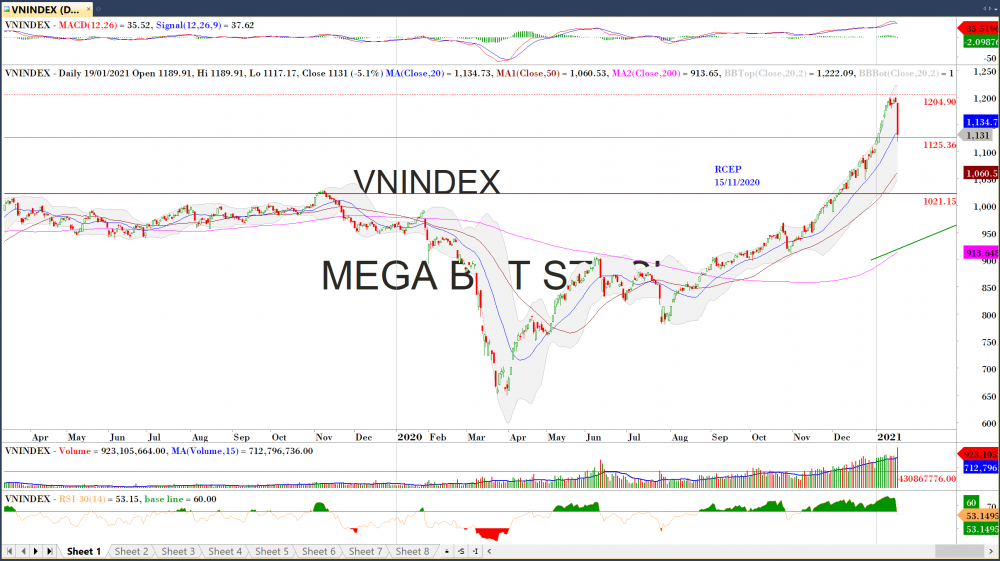 Thị trường chứng khoán ngày 15/1: Đồ thị VN-Index. (Nguồn: MegaBot)