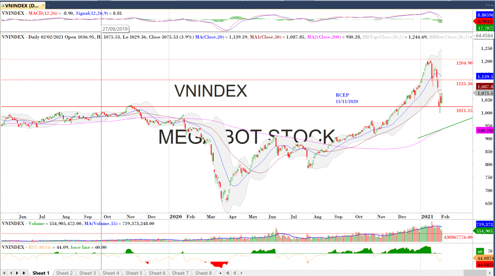 Thị trường chứng khoán ngày 3/2: Đồ thị VN-Index. (Nguồn: MegaBot)