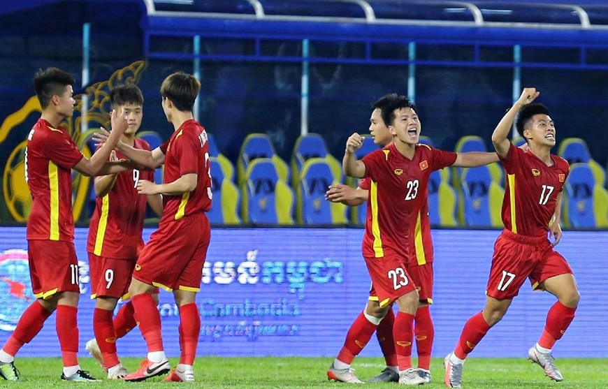 Các cầu thủ ăn mừng chiến thắng trận chung kết U23 Đông Nam Á giữa U23 Việt Nam vs U23 Thái Lan hồi tháng 2. (Nguồn: VFF)