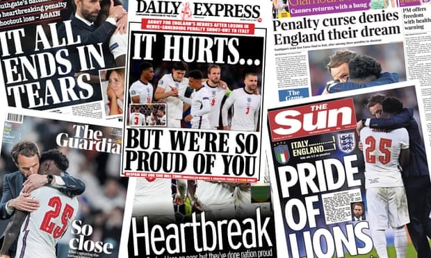 Các trang nhất của báo Anh sau thất bại của đội nhà trong trận chung kết Euro 2021. (Nguồn: The Guardian)