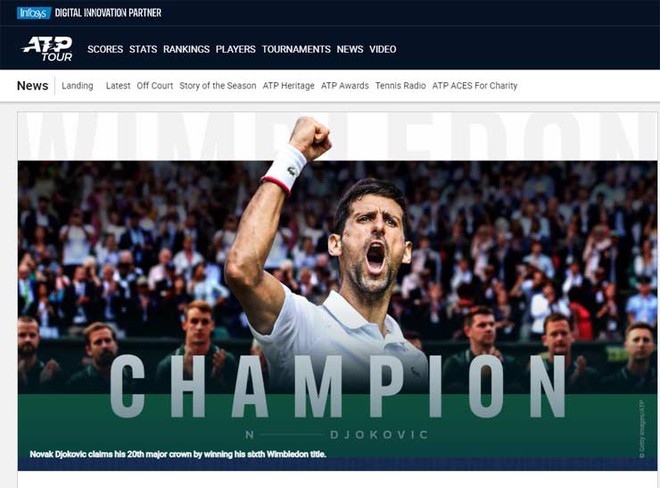Trang chủ ATP ca ngợi chức vô địch Wimbledon của Djokovic. (Nguồn: Dân trí)